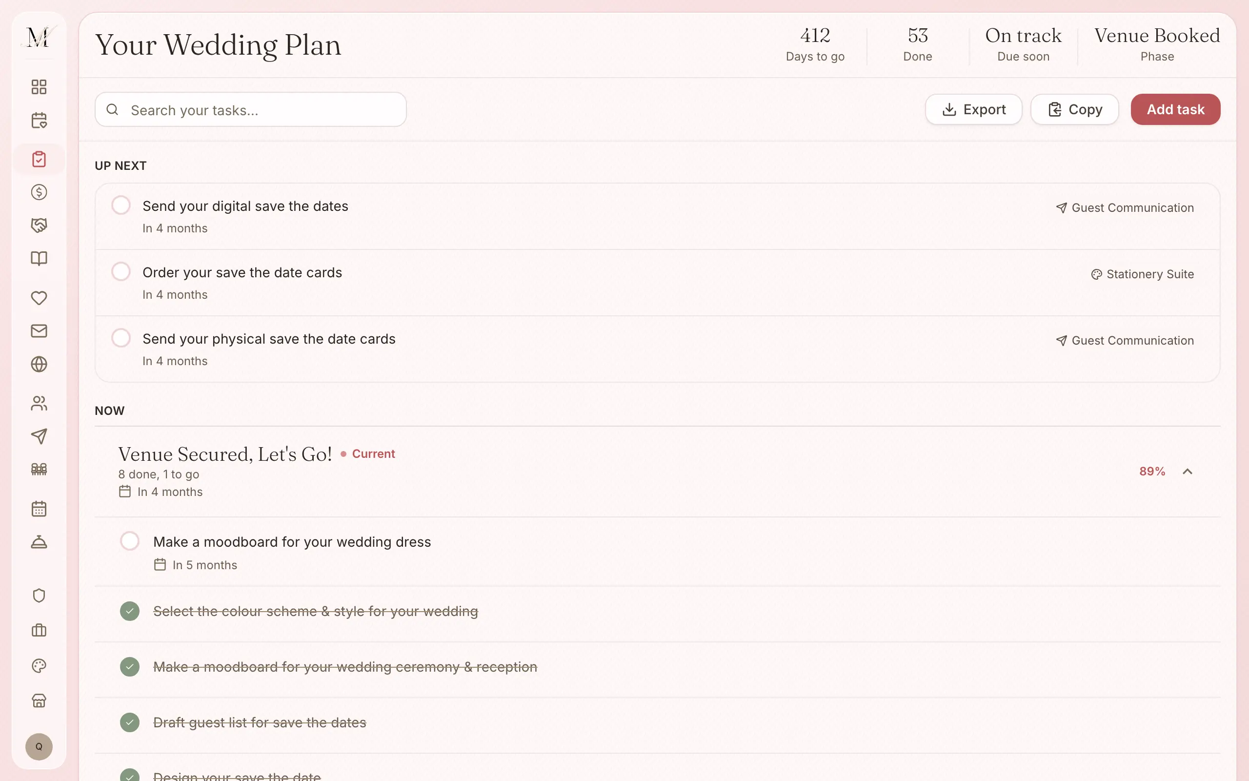 The checklist in the platform: what is up next, then each stage's tasks with when they are due. A demonstration wedding.