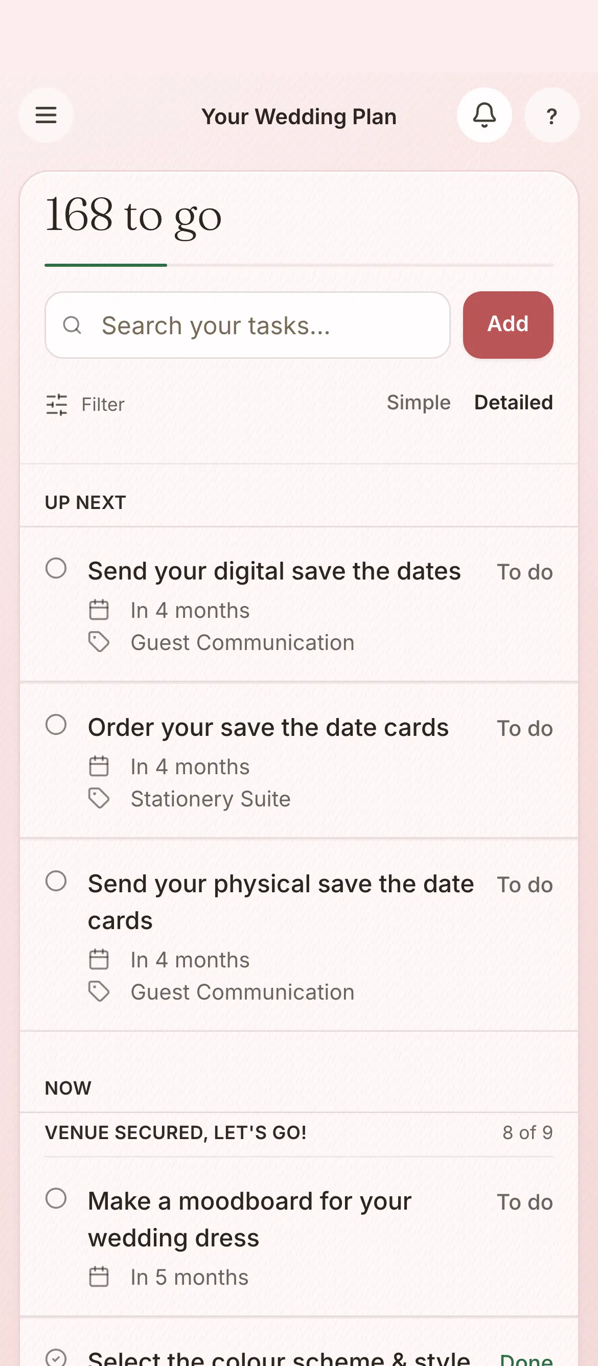 The checklist in the platform: what is up next, then each stage's tasks with when they are due. A demonstration wedding.