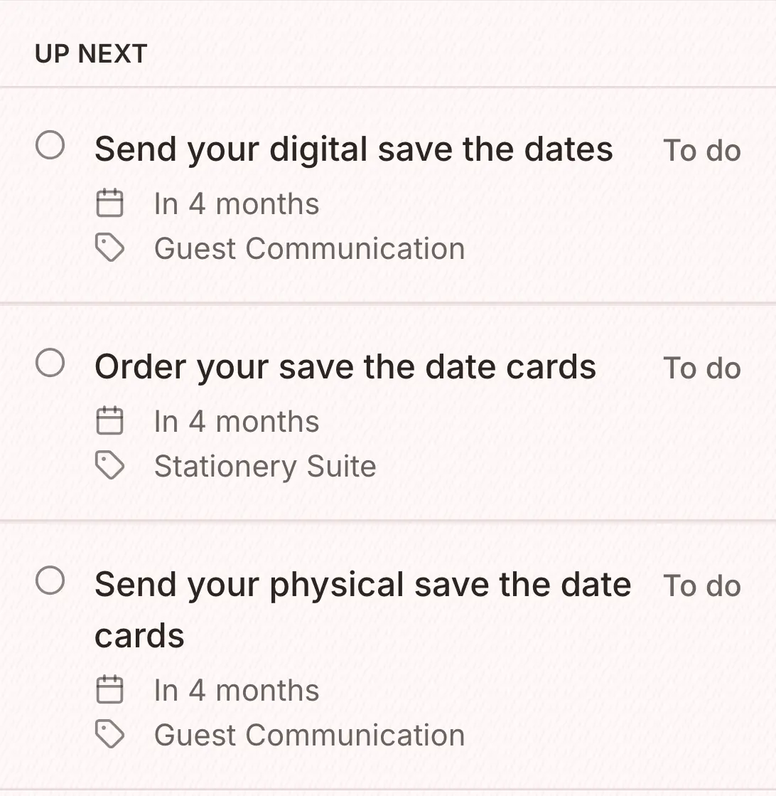 What is up next on the checklist: three save the date tasks, each due in four months.