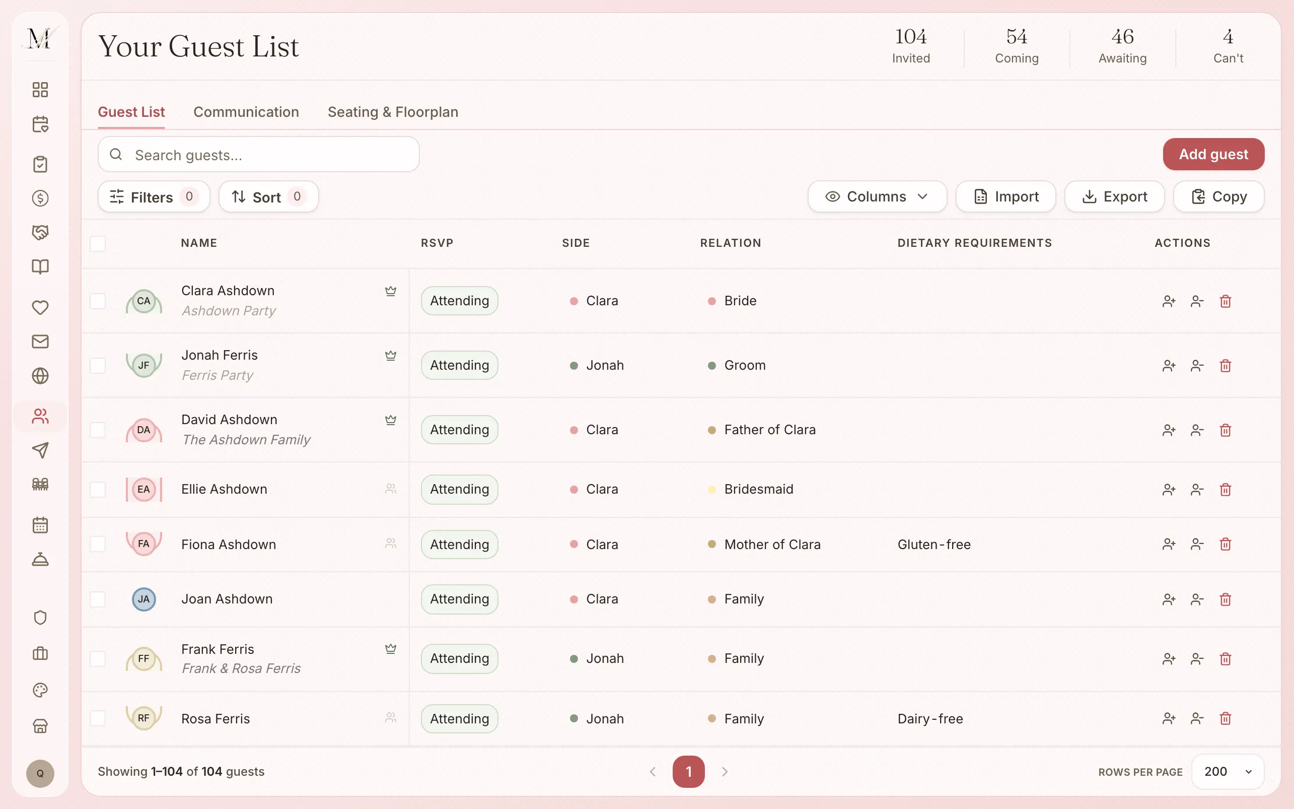 The guest list in the platform: 104 invited and 54 coming, with each guest's reply, side, relation and dietary need. A demonstration wedding.