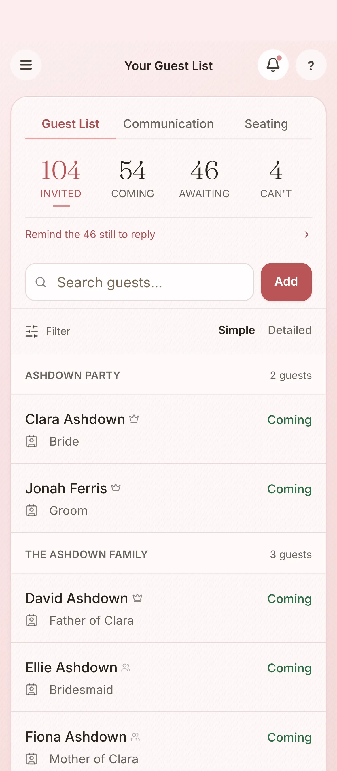 The guest list in the platform: 104 invited and 54 coming, with each guest's reply, side, relation and dietary need. A demonstration wedding.