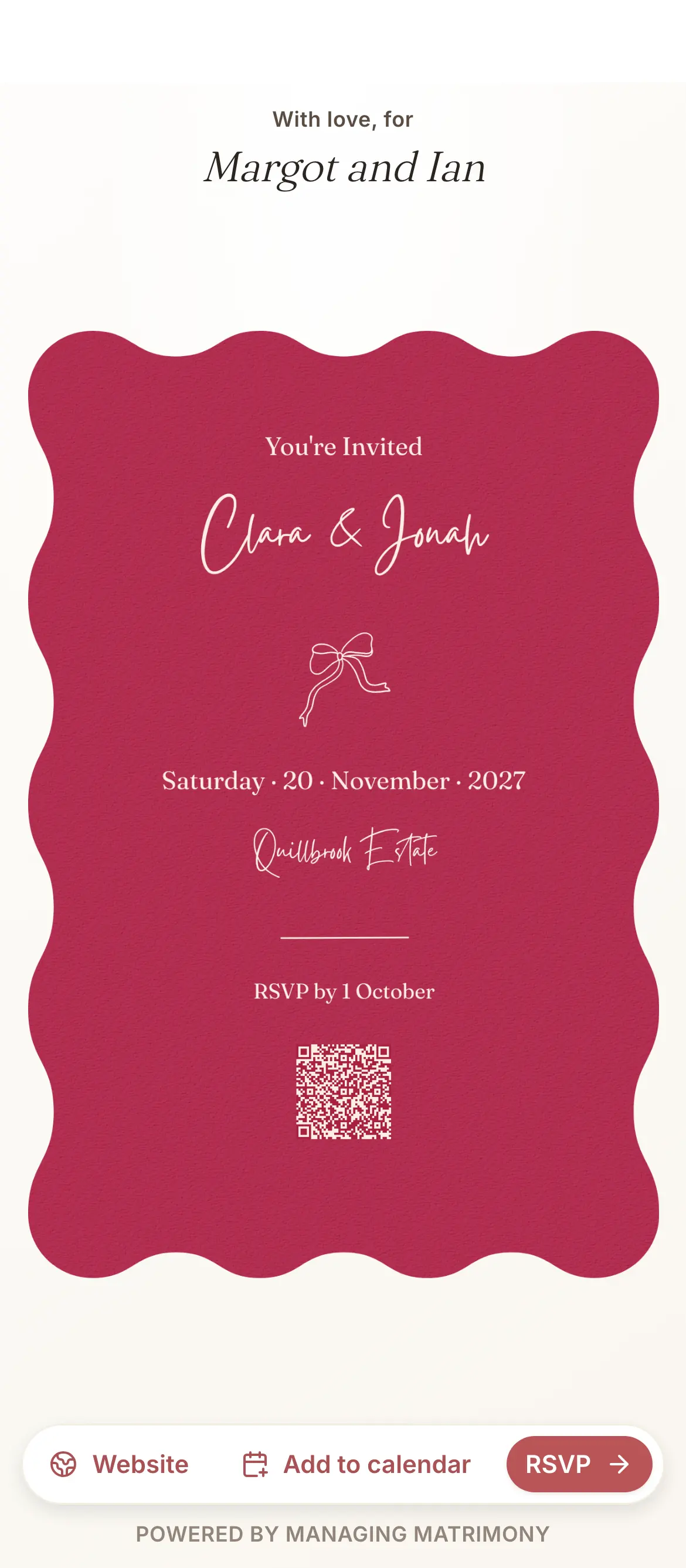 The digital invitation open on a guest's phone: with love, for Margot and Ian, then Clara and Jonah's invitation in the Ruban suite, Saturday 20 November 2027, and buttons for the website, the calendar and the RSVP. A demonstration wedding.