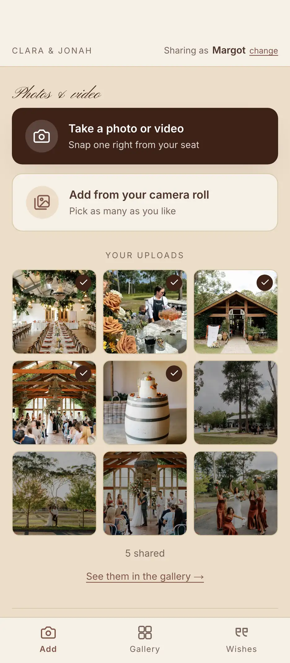The Memories page on a guest's phone, opened from the QR code: Margot is adding nine photographs, five already in the couple's gallery and four on their way. A demonstration wedding.