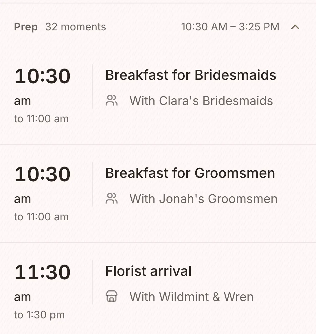 The first moments of the run sheet: breakfast for the bridesmaids and the groomsmen at 10.30 am, and the florist's arrival at 11.30 am.