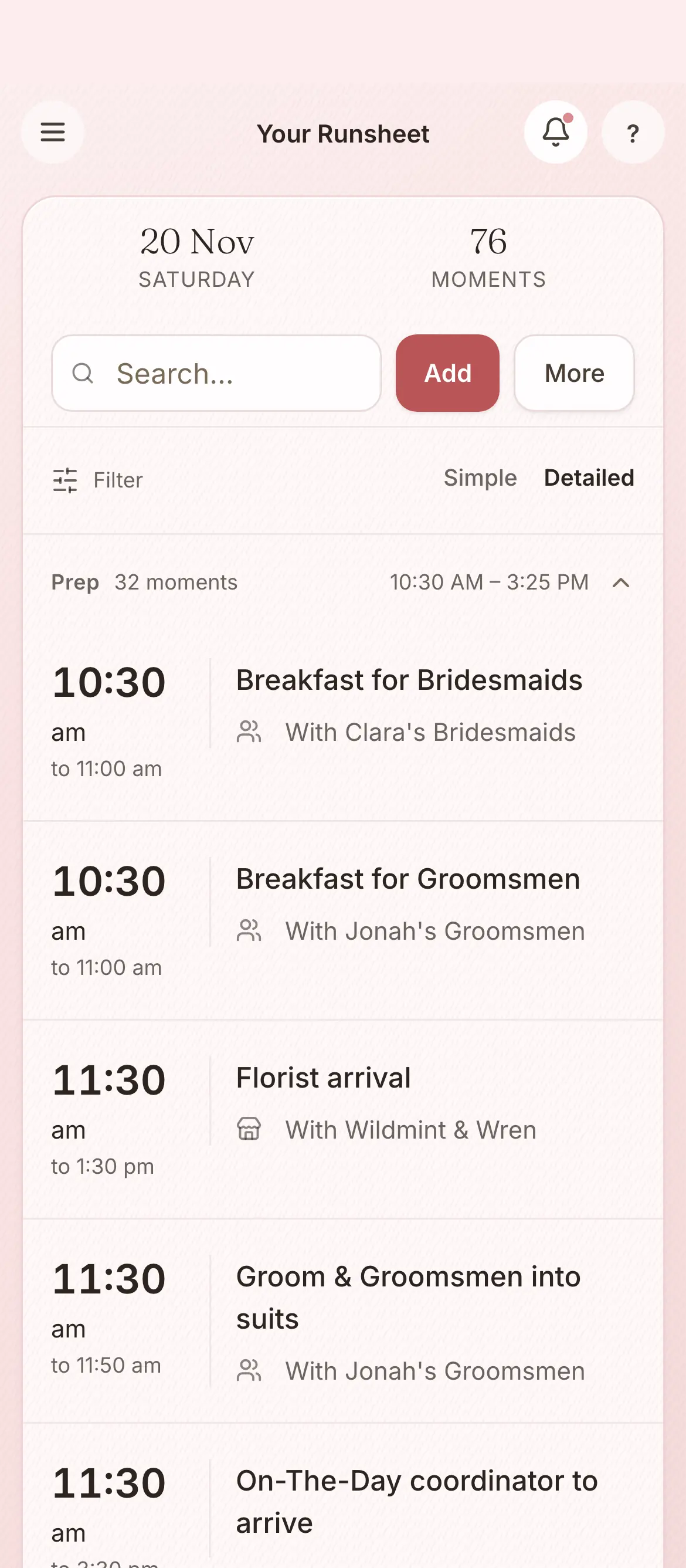 The run sheet in the platform: 76 moments, each with its time and who it is with, from breakfast for the bridesmaids. A demonstration wedding.