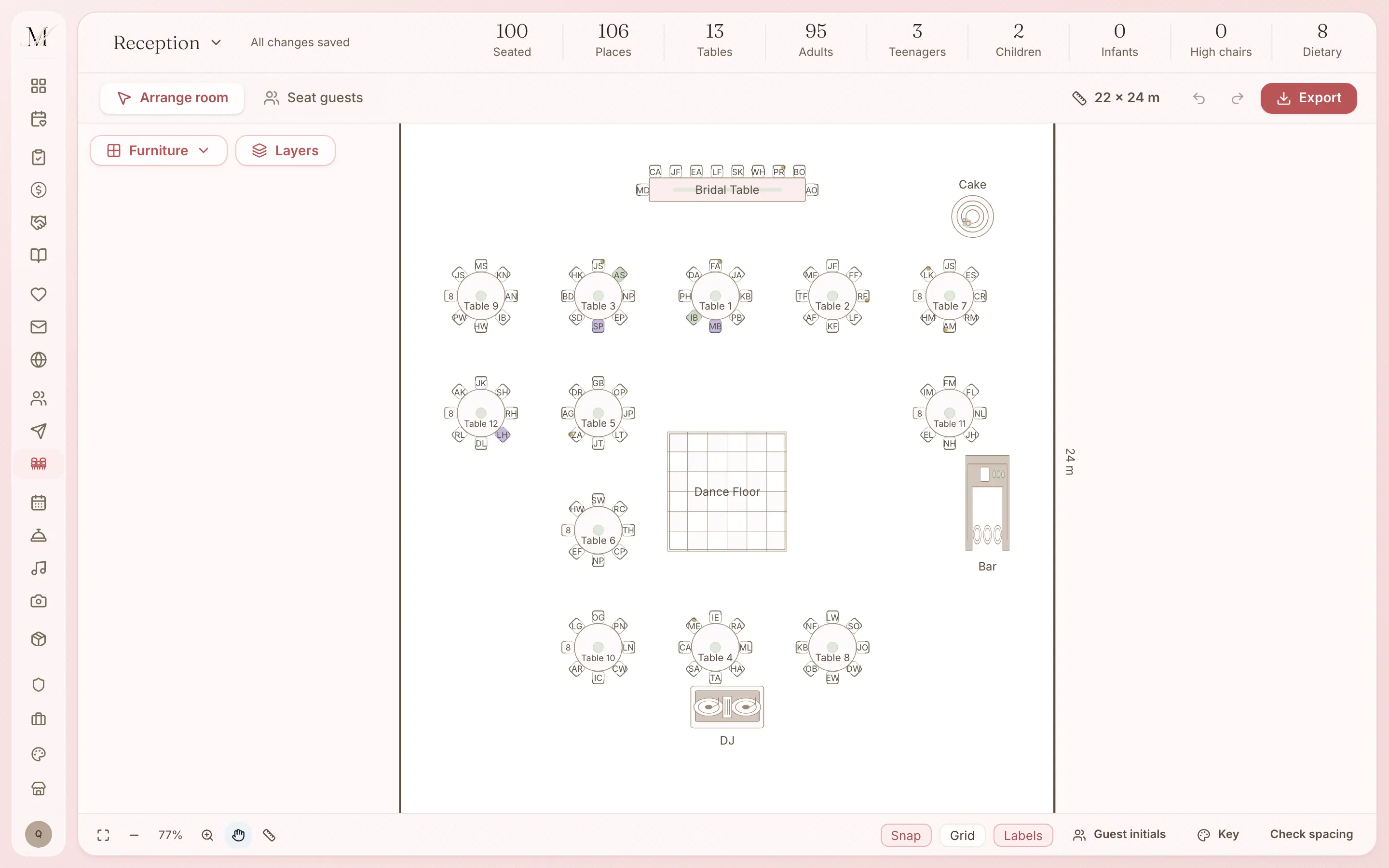 A reception floor plan in the platform: round tables of eight, each seat with its guest's initials, the dance floor and the DJ. A demonstration wedding.