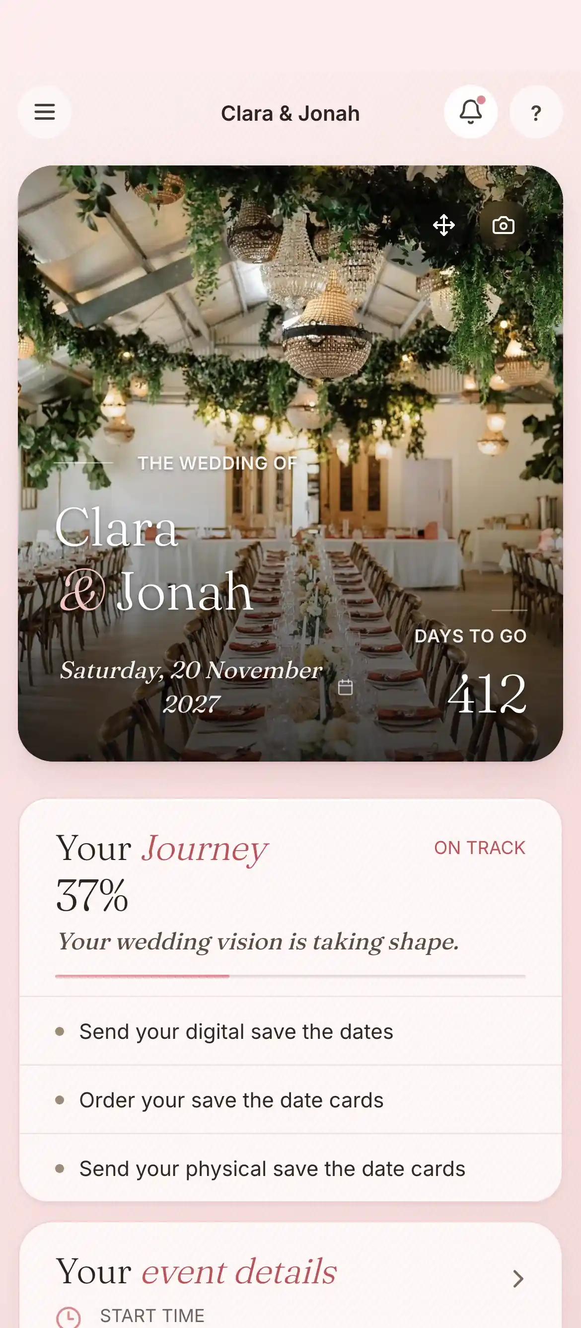 The dashboard in the platform: the next steps, each with when it is due, beside the cover with the couple's names, their date and the days to go. A demonstration wedding.