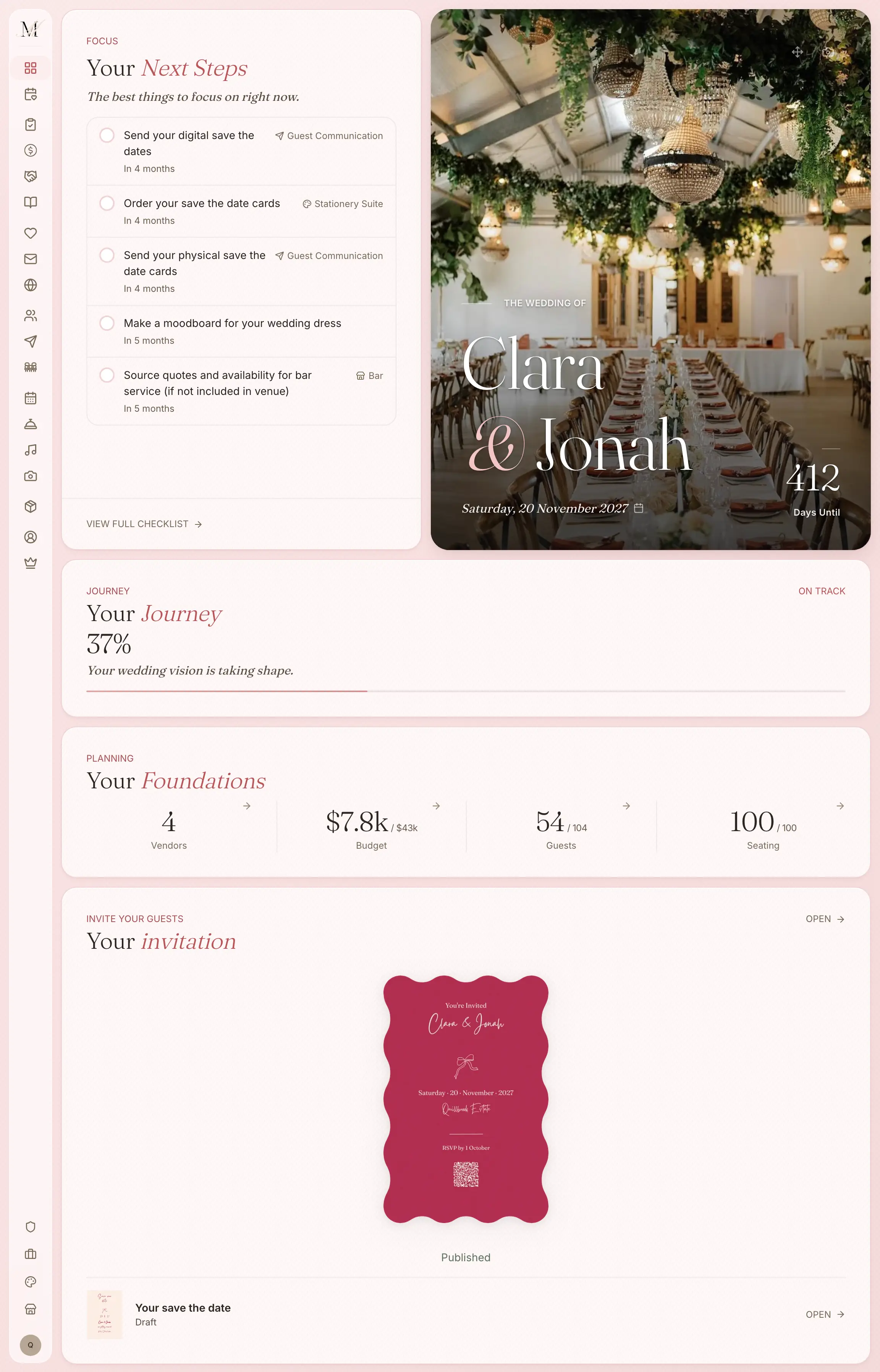 The dashboard in the platform: the next steps beside the cover with the couple's names and the days to go, then the plan's progress and its foundations: vendors, budget, guests and seating. A demonstration wedding.