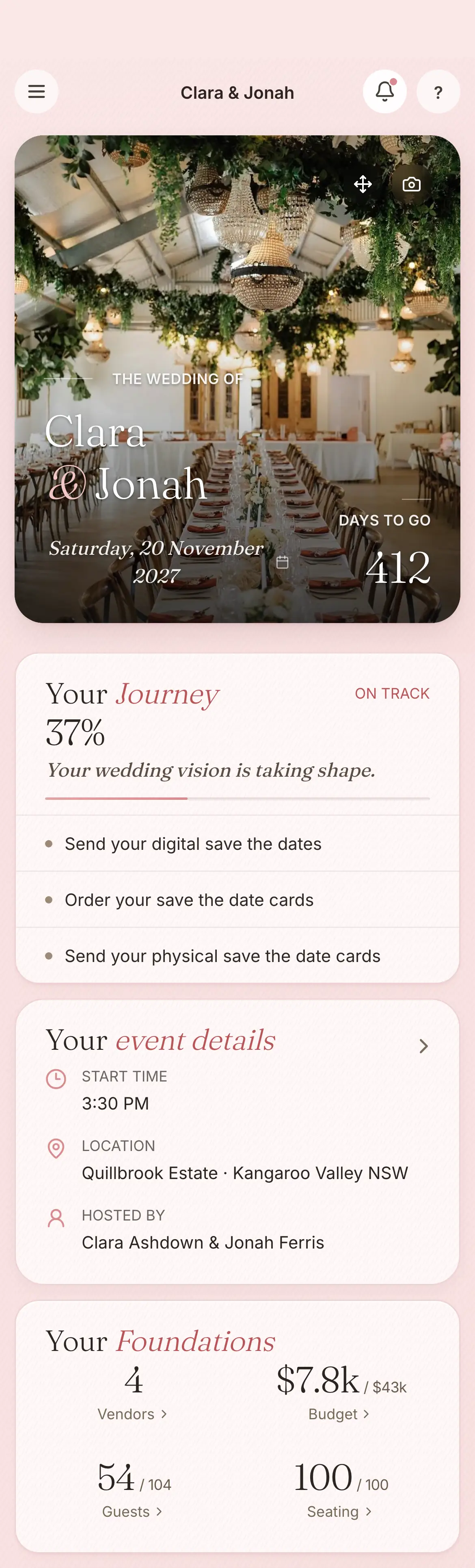 The dashboard in the platform: the next steps beside the cover with the couple's names and the days to go, then the plan's progress and its foundations: vendors, budget, guests and seating. A demonstration wedding.
