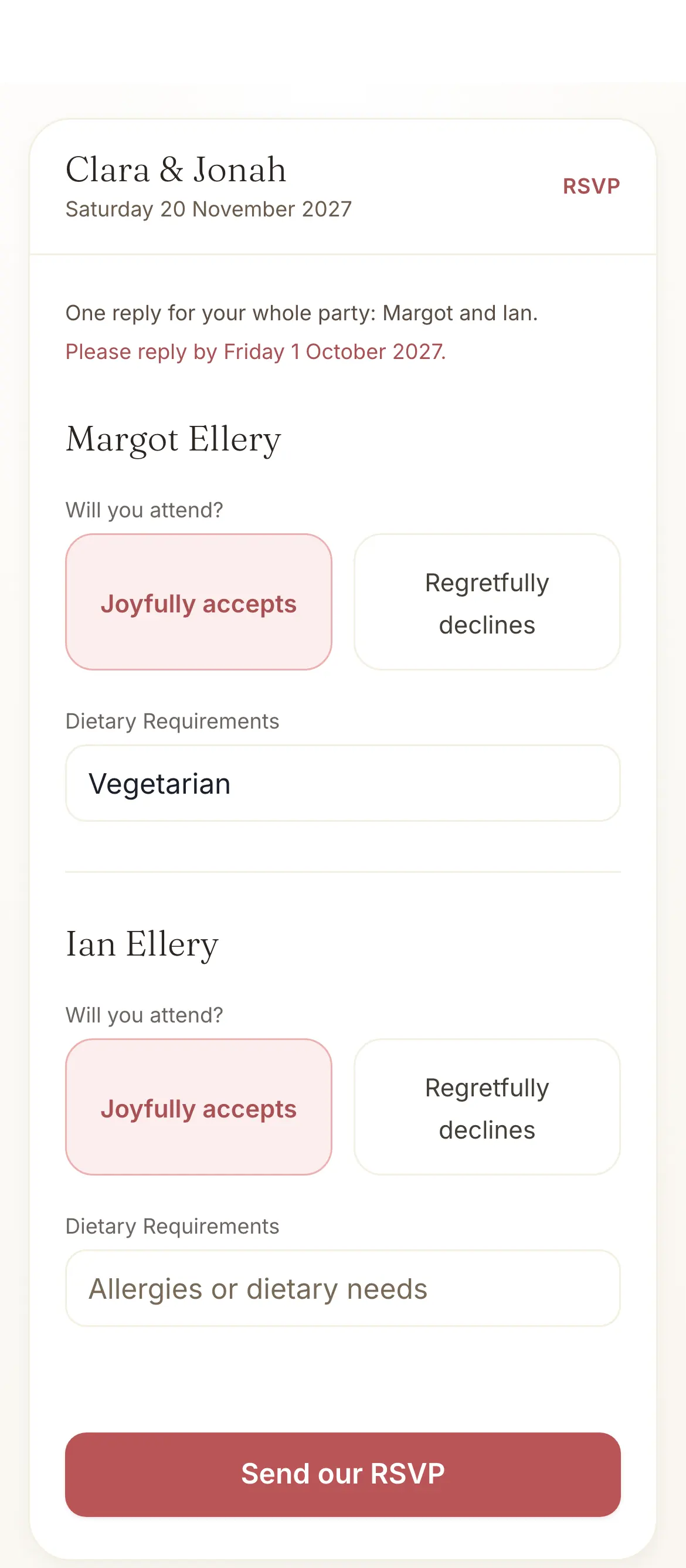 The RSVP page on a guest's phone: one reply for Margot and Ian, due by Friday 1 October 2027, with Margot's answer that she will attend, and Vegetarian as her dietary requirement. A demonstration wedding.