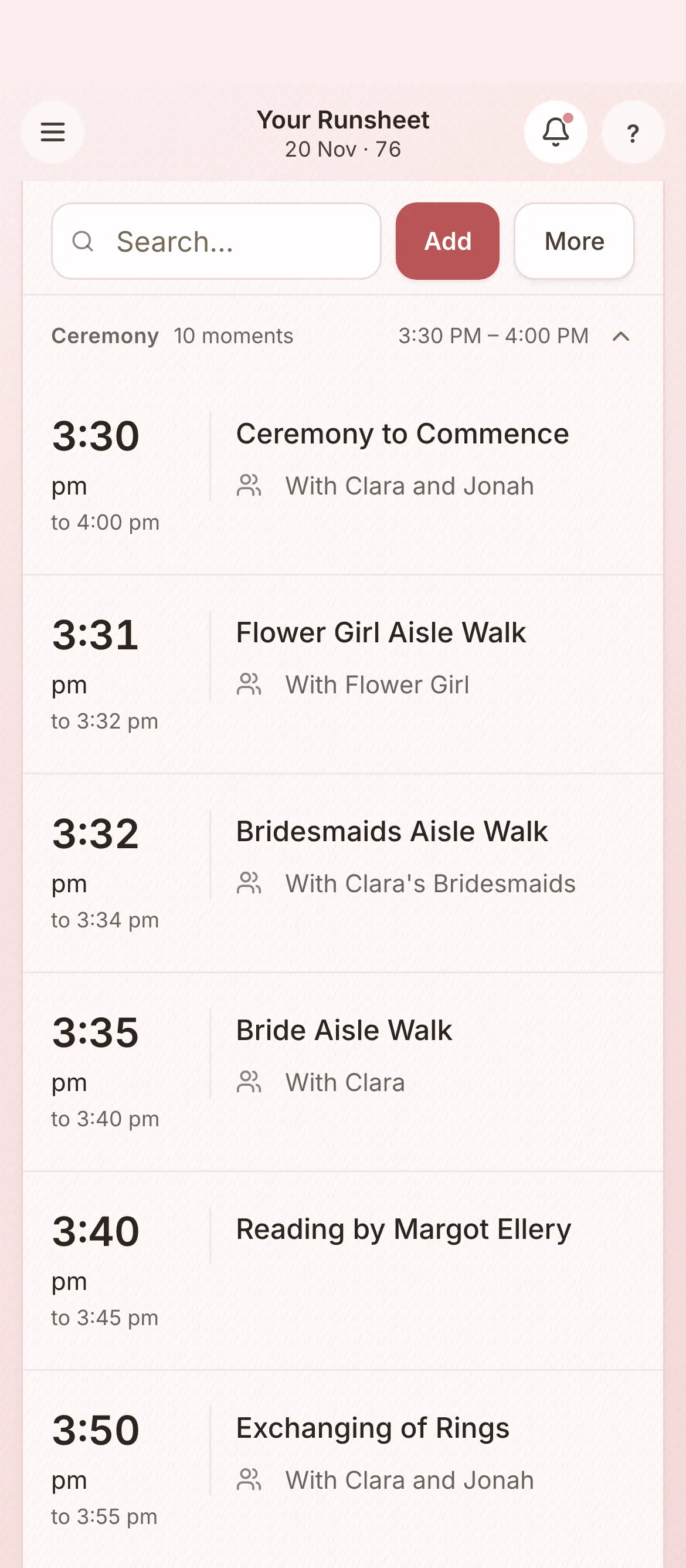 The run sheet in the platform, the ceremony: from 3.30 pm, the aisle walks, then the reading by Margot Ellery at 3.40 pm. A demonstration wedding.