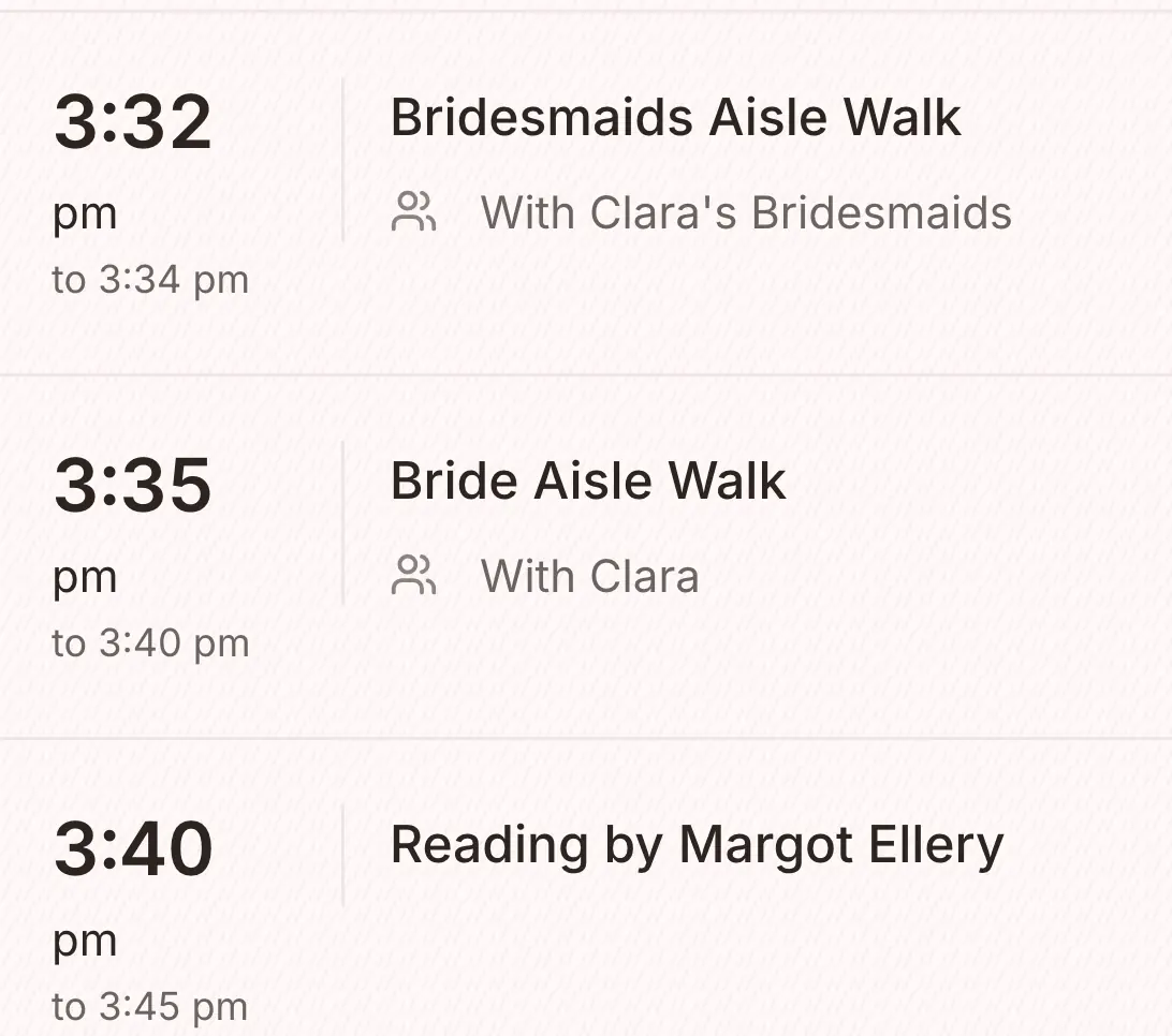 The ceremony on the run sheet: the bridesmaids' and the bride's walk down the aisle, then the reading by Margot Ellery at 3.40 pm.