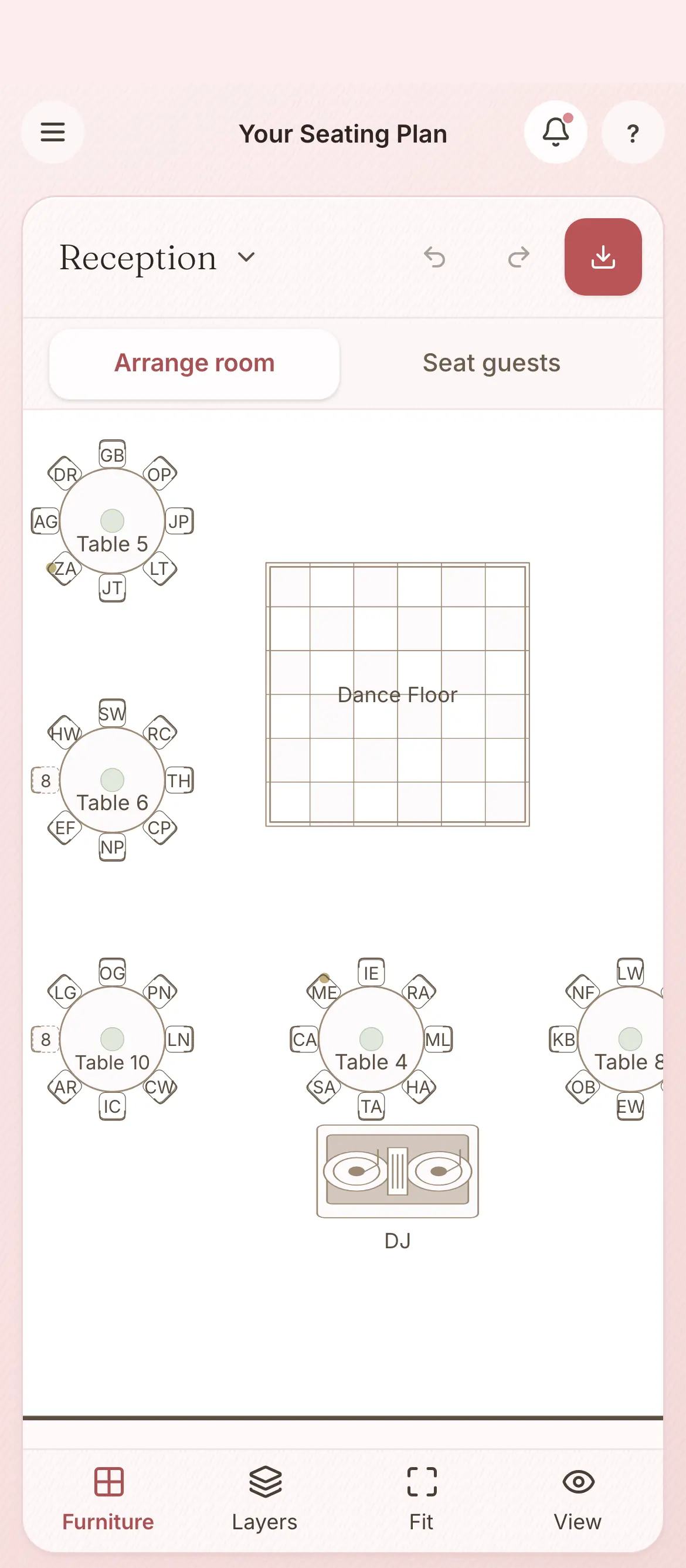 A reception floor plan in the platform: round tables of eight, each seat with its guest's initials, the dance floor and the DJ. A demonstration wedding.