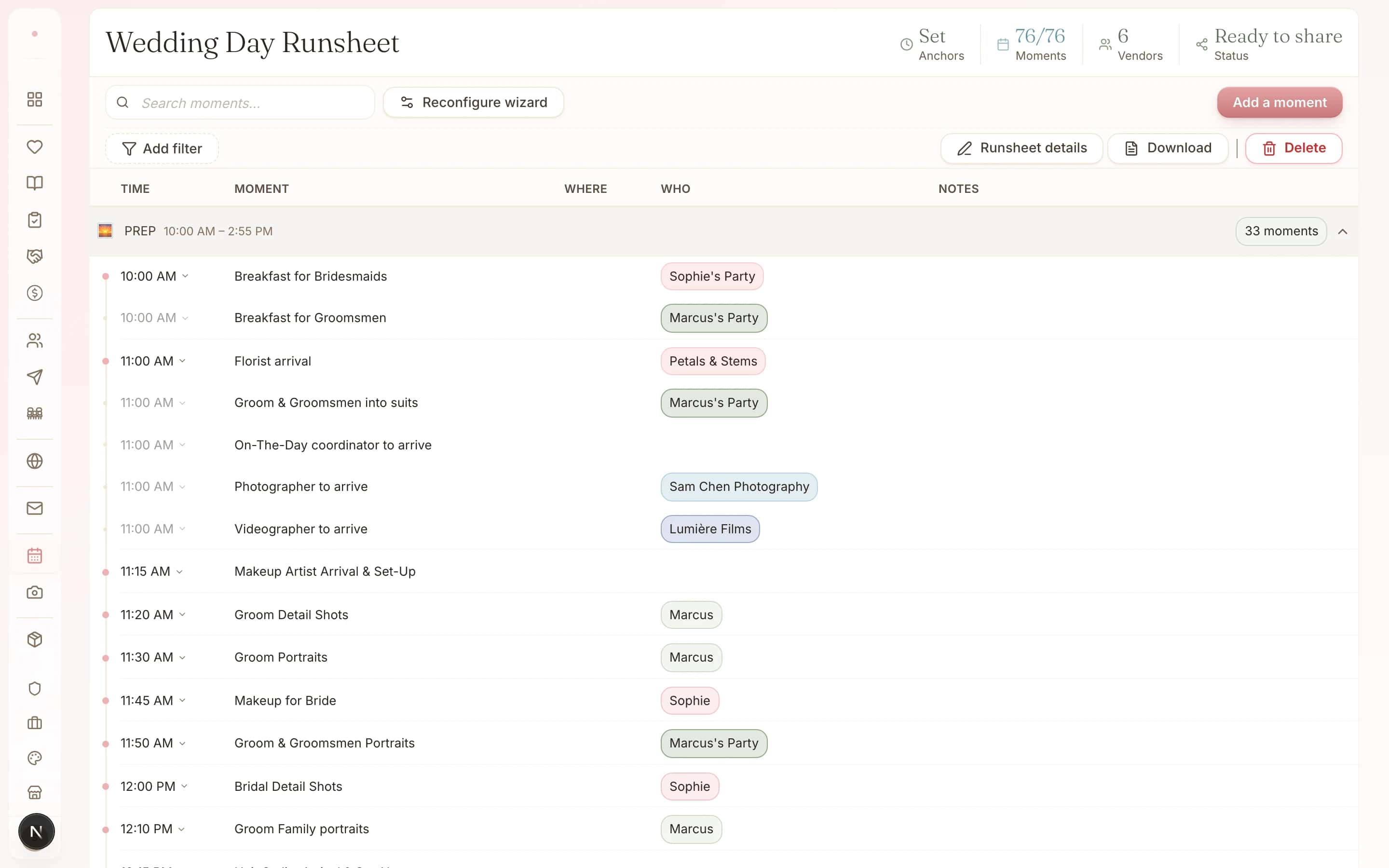 Managing Matrimony wedding-day runsheet showing moments, assigned people and sharing controls