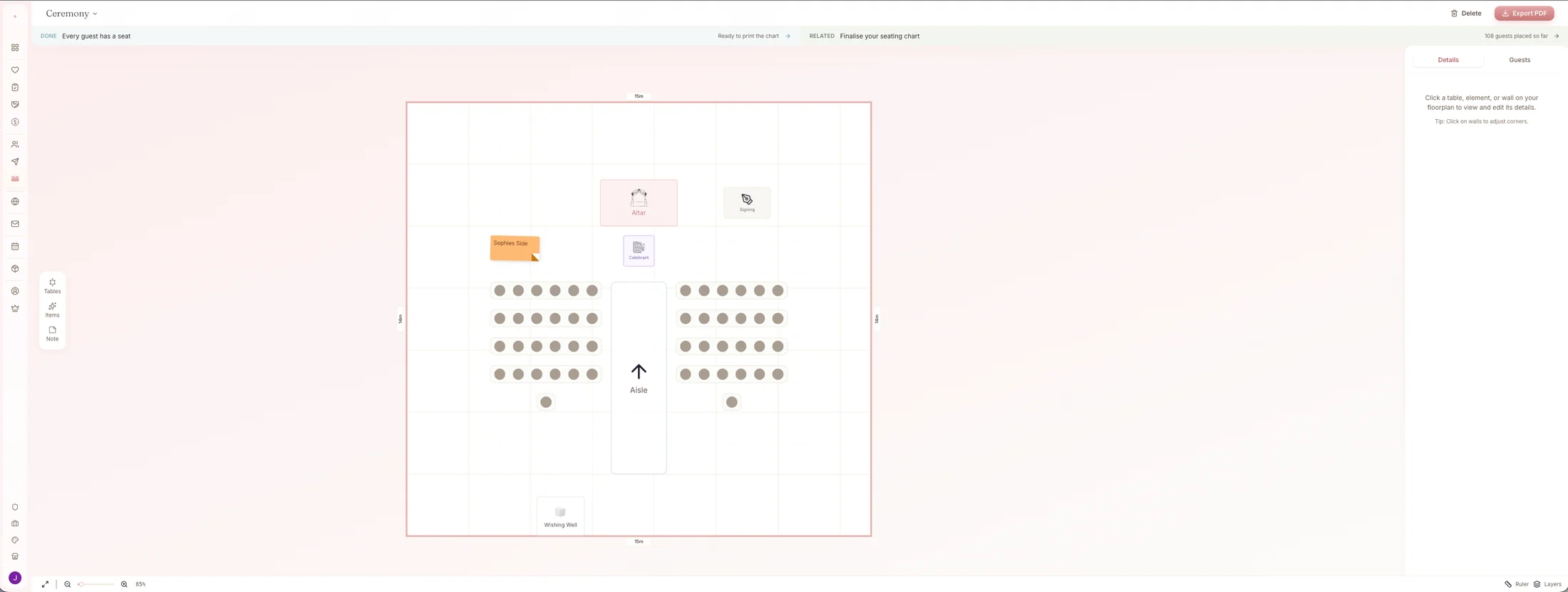 Wedding ceremony floorplan in the visual editor showing aisle, altar, and seating layout