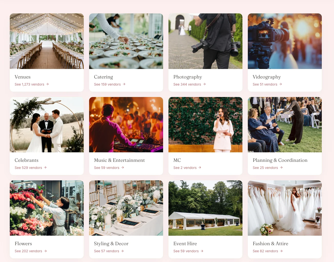 Vendor profile page with photos, services, and Save Vendor button to add to your shortlist