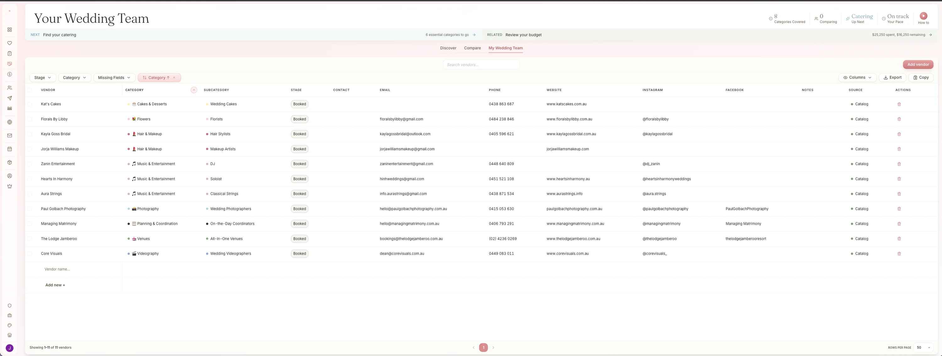 Managing Matrimony vendor directory showing wedding vendors with photos, categories, regions, and review scores