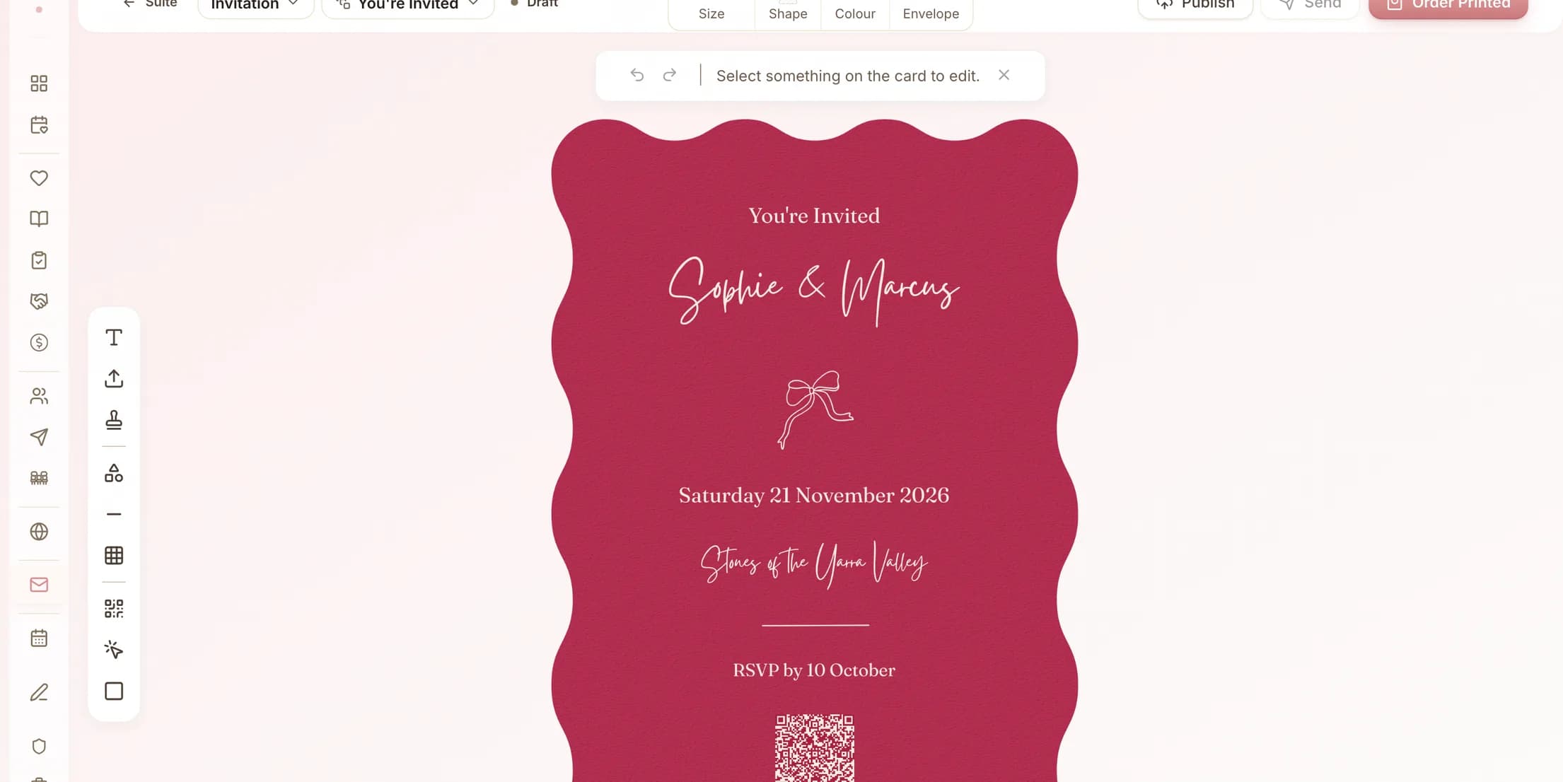 Wedding invitation designer in the Managing Matrimony canvas editor — a die-cut invitation mid-edit