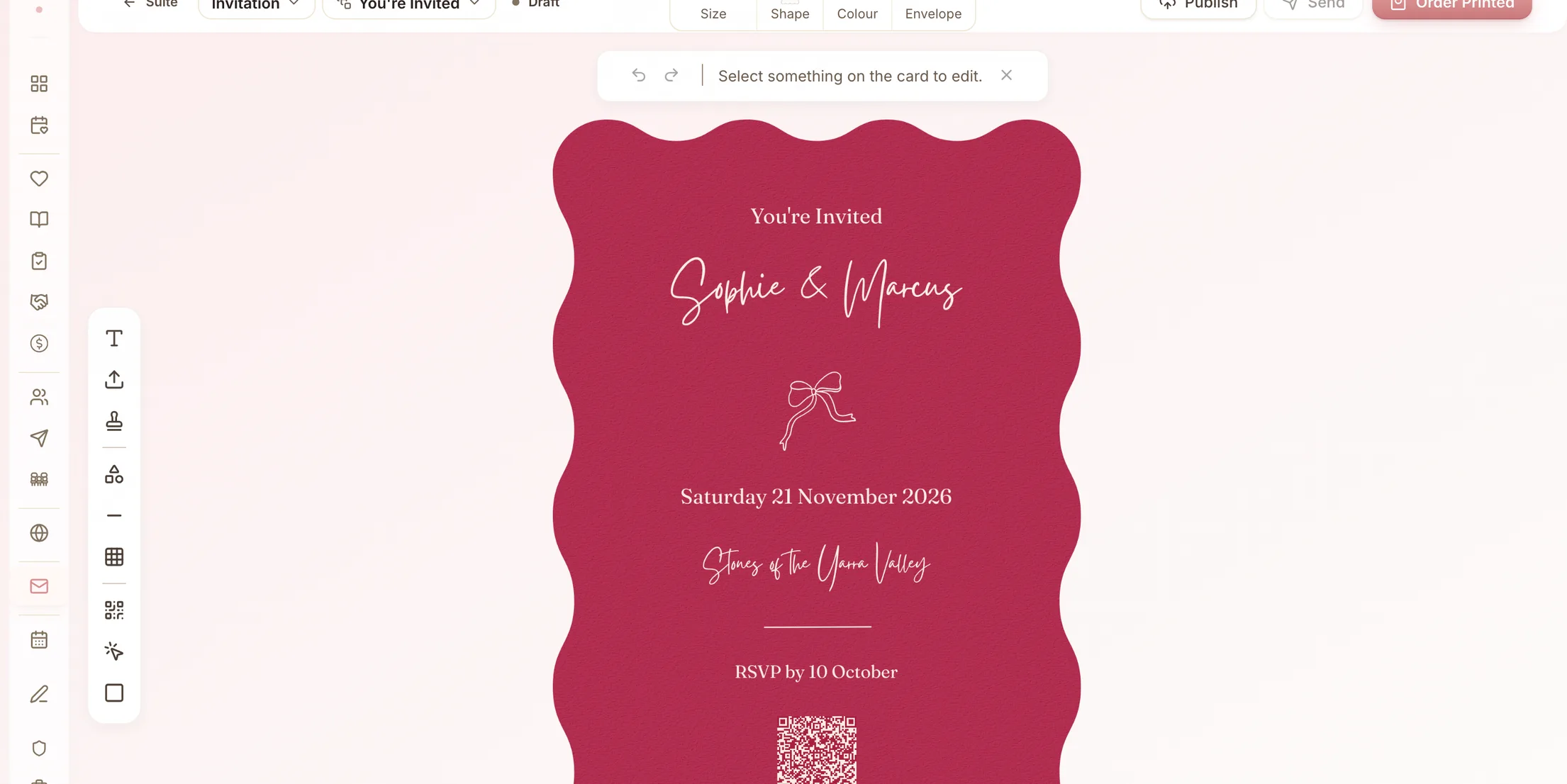 The canvas editor with a die-cut RUBAN invitation open — typography, colour, and layout fully editable