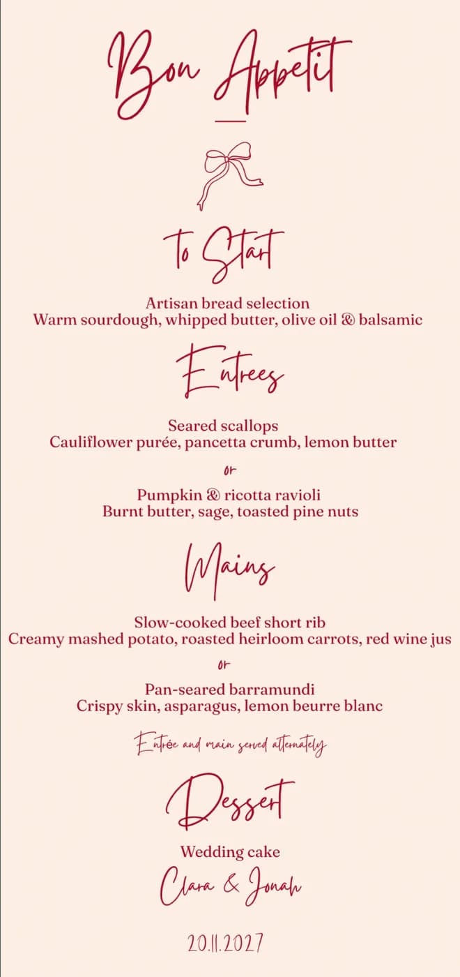 The menu in the same design