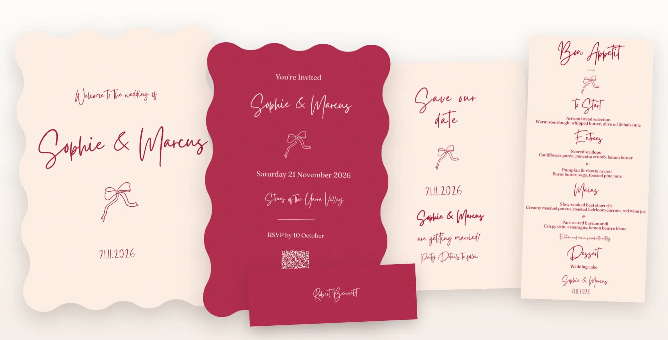 The full stationery suite — welcome sign, invitation, save the date, menu, and place card in one design language