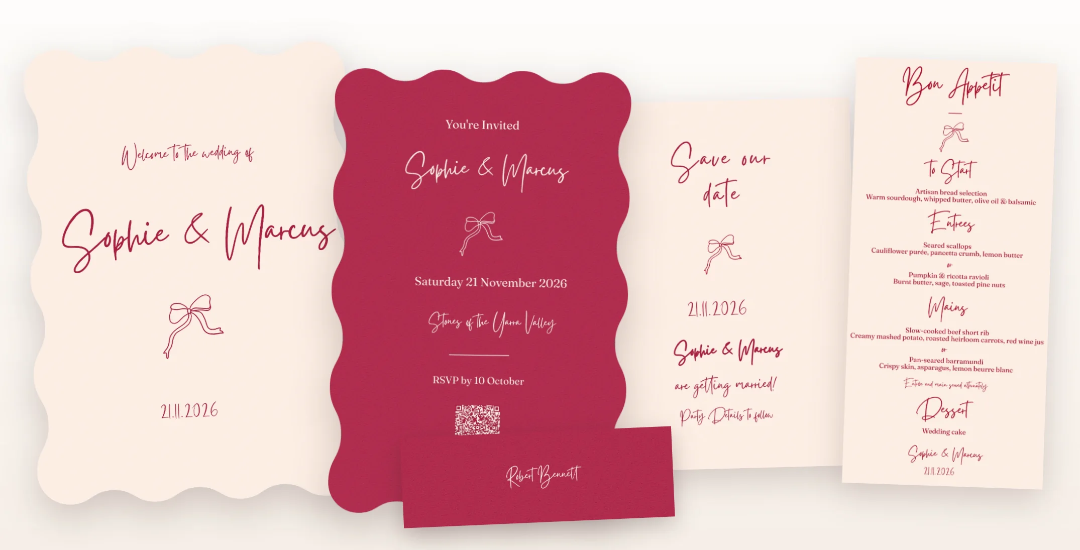 Save the date, invitation, menu, and place card from one suite, in matching styles
