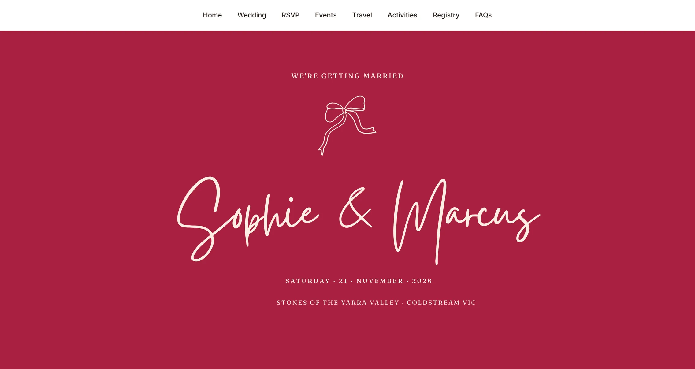A published wedding website — couple names, date, and venue in the suite's design language