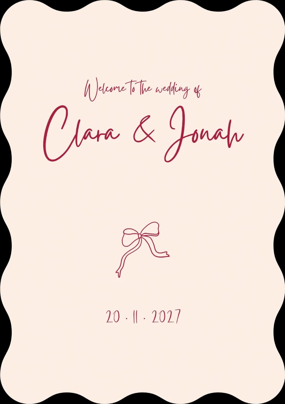 A welcome sign in the Ruban suite, for the wedding of Clara and Jonah