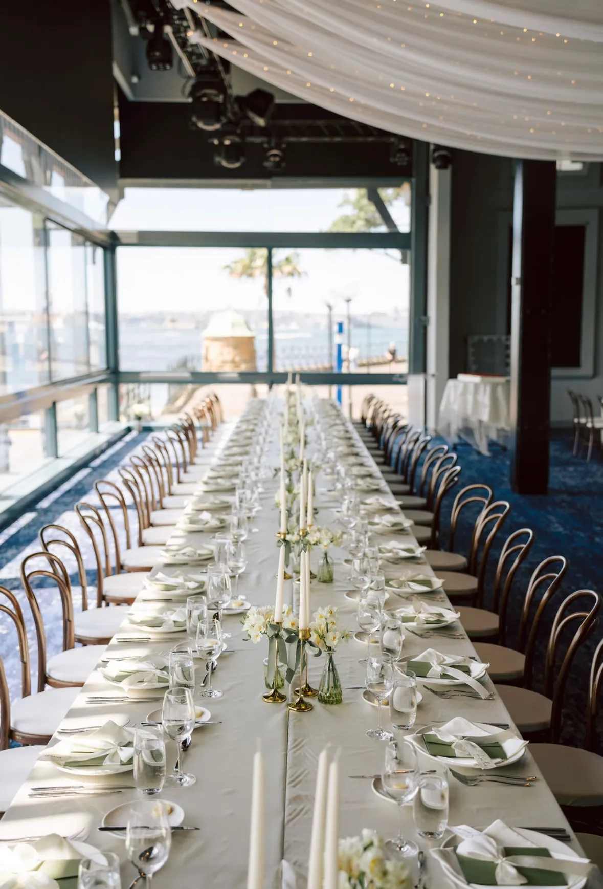 Wedding table decor, white and green at Sydney waterfront venue